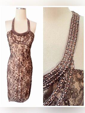Lela Rose Blush and Brown Beaded Halter Lace Midi Dress Sz 6